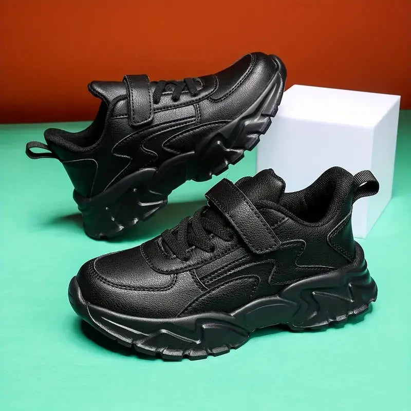 Boys Black Waterproof Running Shoes - Casual Leather Sports Footwear - ZOOMNSTORE