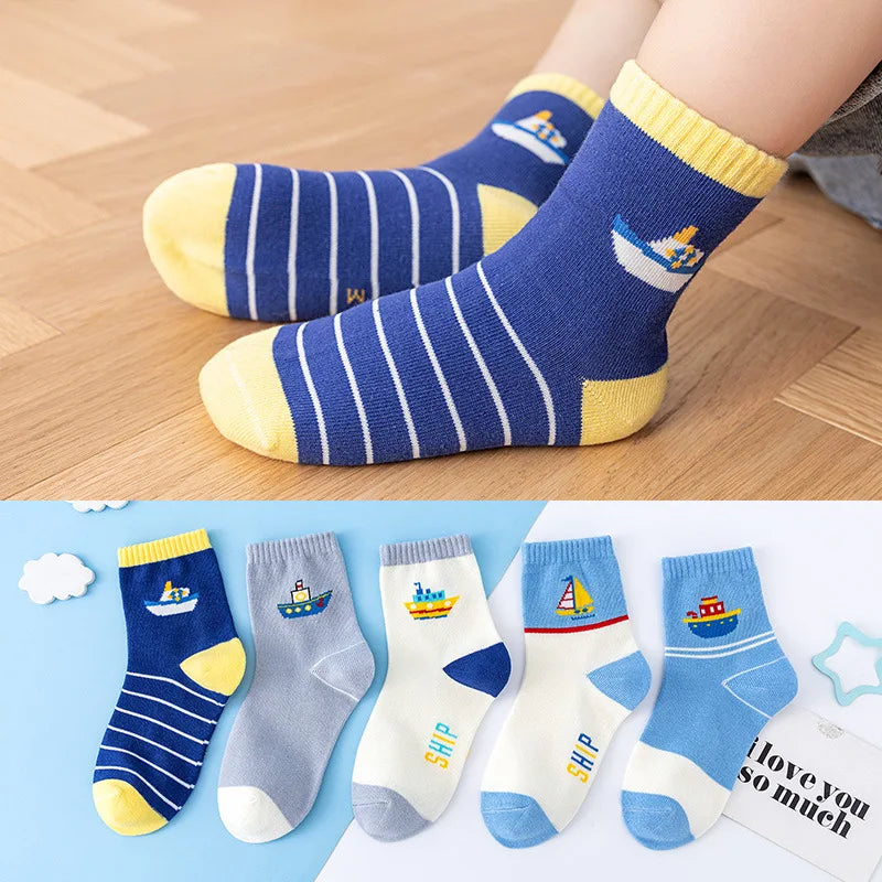 5 Pairs Of New Autumn And Winter Childrens Socks Striped Sailboat Boys Socks 4 to 8 Year Old Socks girls socks ruffle socks - ZOOMNSTORE