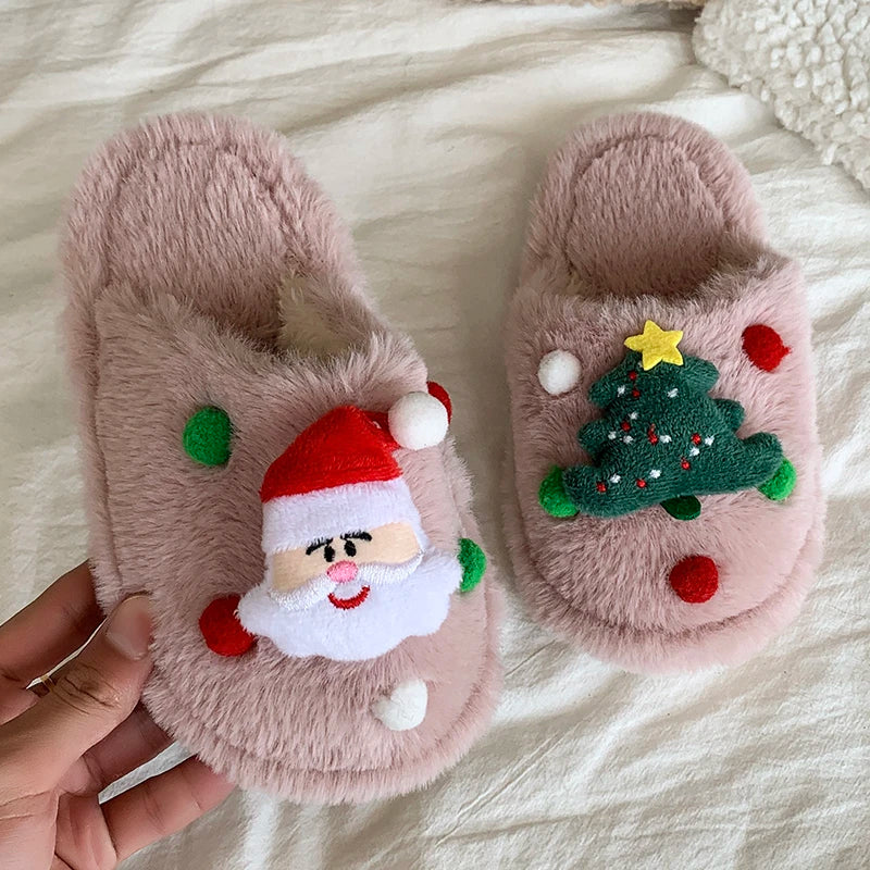 Children's Winter Plush Slippers Christmas Santa Tree Decor Comfy Open - Toe Kids Cotton-padded Cute Shoe Children Fuzzy Slides - ZOOMNSTORE