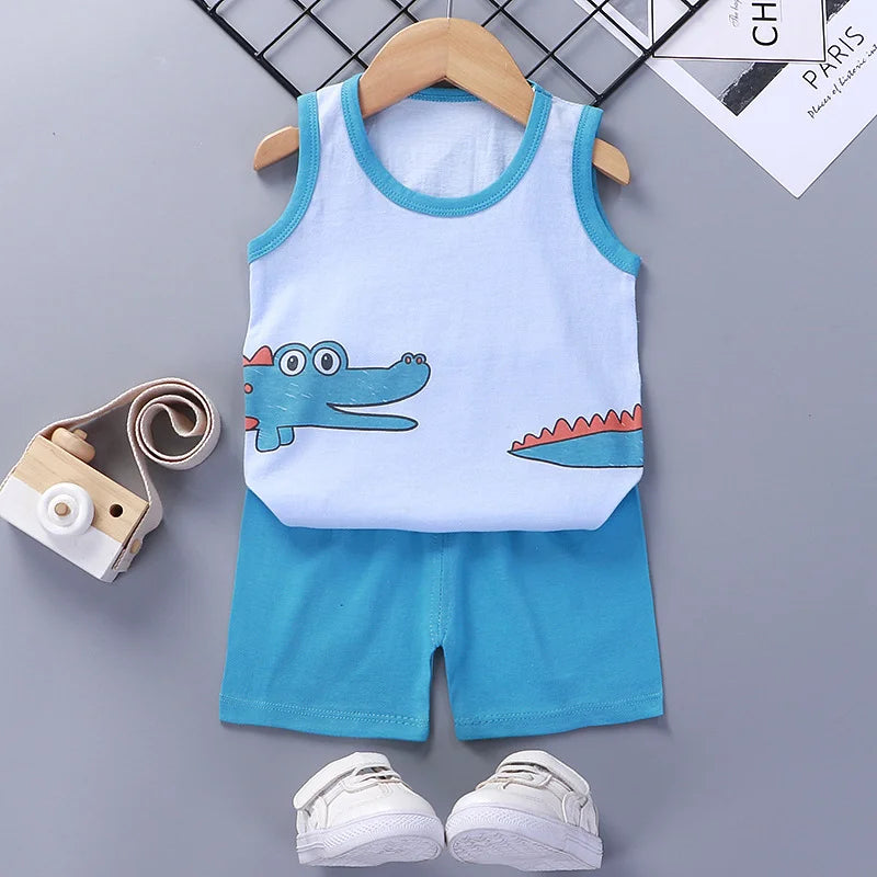 Childrens Summer Clothing Set - Cotton T-Shirts Shorts Vest for Boys Girls - ZOOMNSTORE