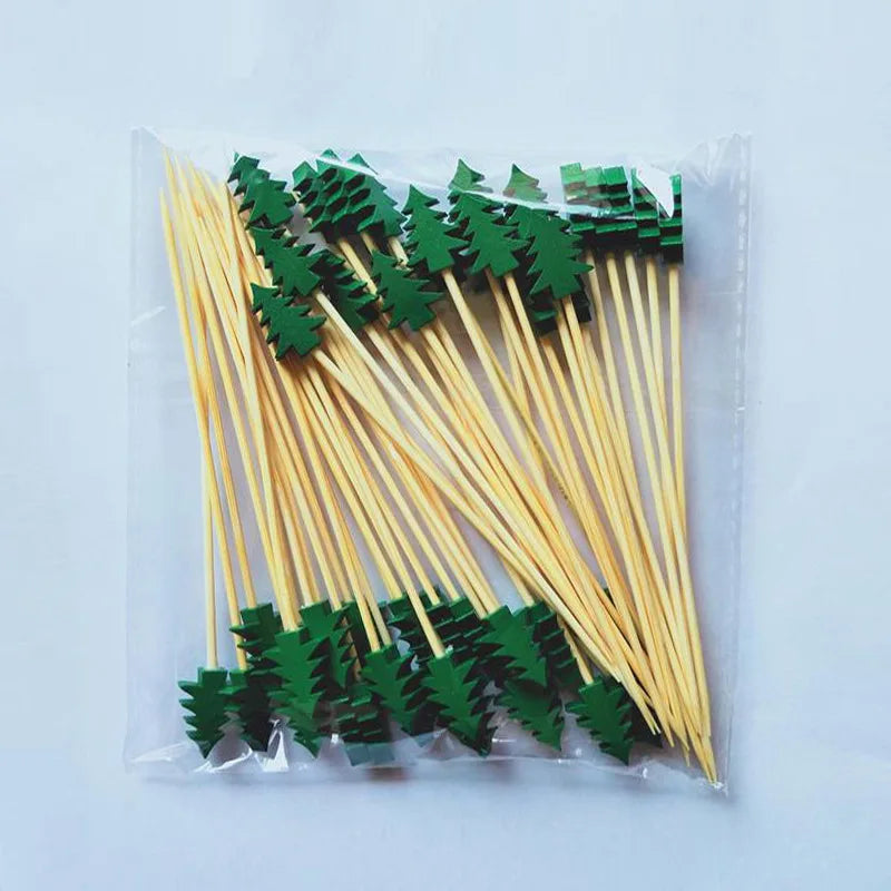 Christmas Fruit Sticks - Disposable Bamboo Ornaments with Snowflake Elk Santa and Snowman Designs - ZOOMNSTORE