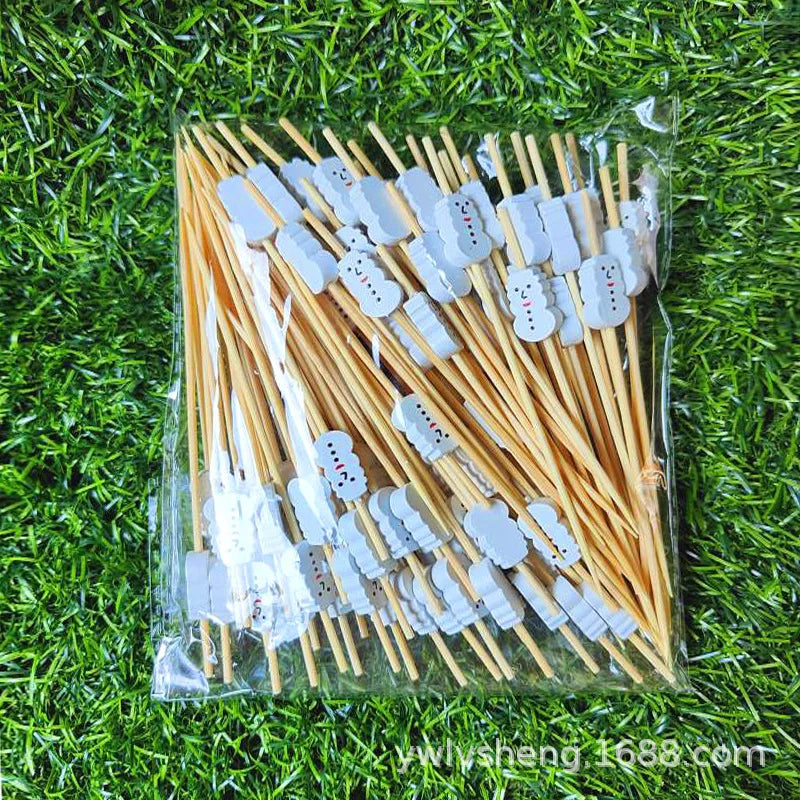 Christmas Fruit Sticks - Disposable Bamboo Ornaments with Snowflake Elk Santa and Snowman Designs - ZOOMNSTORE