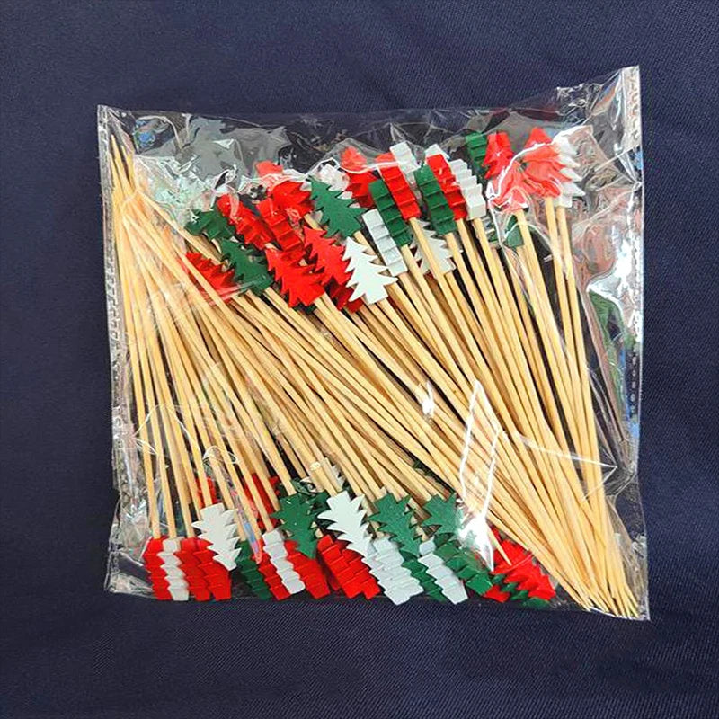 Christmas Fruit Sticks - Disposable Bamboo Ornaments with Snowflake Elk Santa and Snowman Designs - ZOOMNSTORE