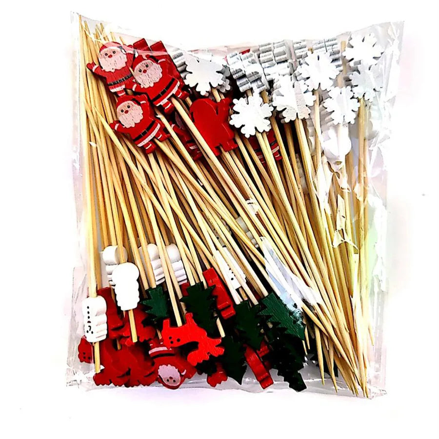 Christmas Fruit Sticks - Disposable Bamboo Ornaments with Snowflake Elk Santa and Snowman Designs - ZOOMNSTORE