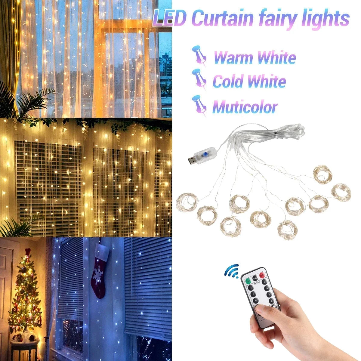 Christmas Lights Curtain Garland - Merry Xmas Home Decor Fairy Lights for New Year - ZOOMNSTORE