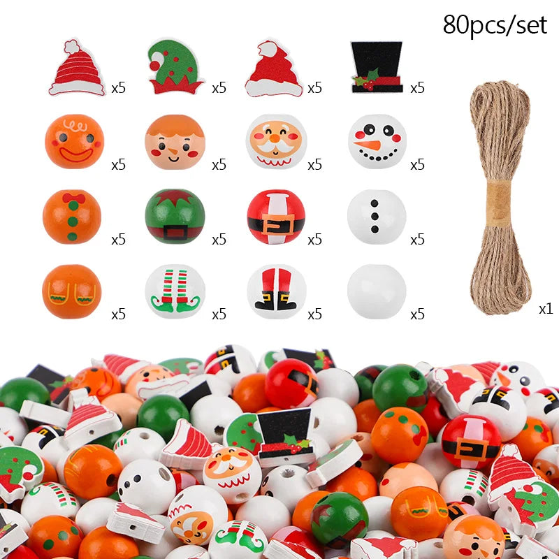 Christmas Wooden Beads - 48/80Pcs Santa Claus & Gingerbread Man DIY Garland Kit - ZOOMNSTORE
