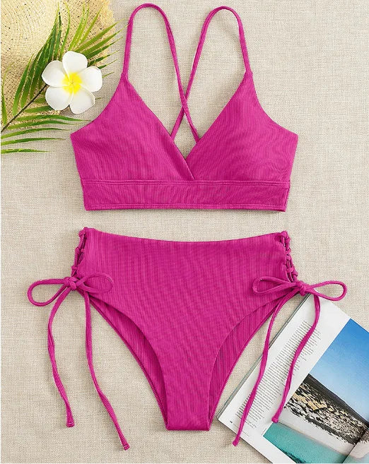 Cikini V-Neck Bikini Set - Sexy Lace-Up Solid Swimwear for Women - ZOOMNSTORE