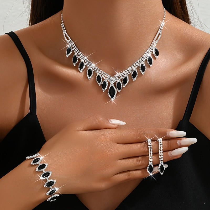 Copper Jewelry Set - Elegant Earrings Necklace Bracelet with Black Water Droplet Pendant and Rhinestone Inlay - ZOOMNSTORE