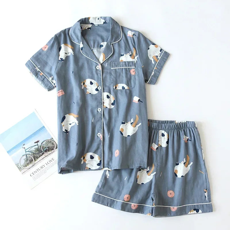 Cotton Cartoon Pajamas Set - Womens Short-Sleeved Sleepwear - ZOOMNSTORE