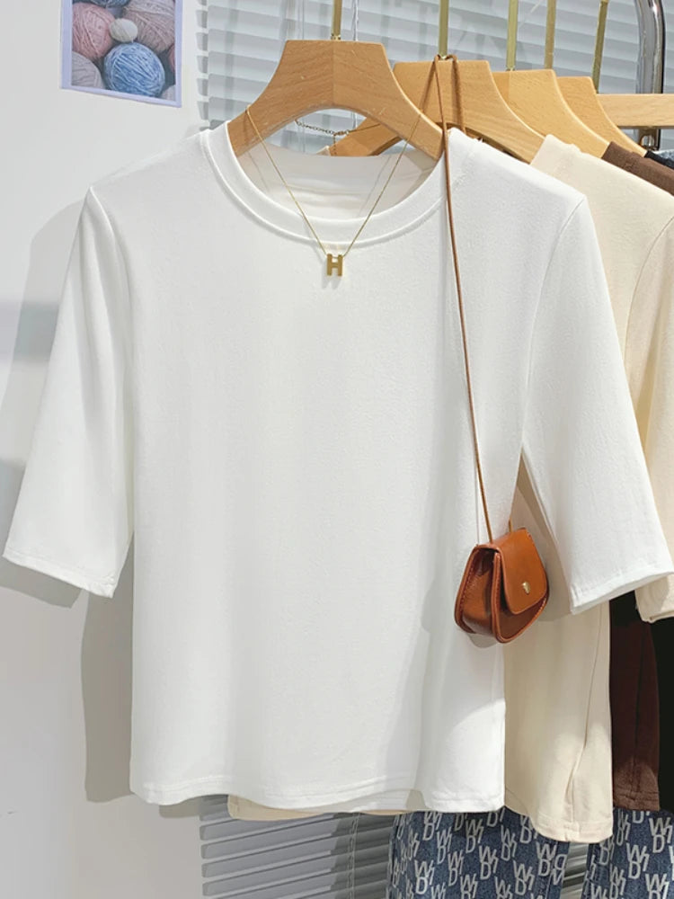 Cotton Womens Crew Neck T-Shirt - Summer Short Sleeve Basic Top - ZOOMNSTORE