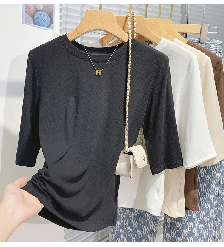 Cotton Womens Crew Neck T-Shirt - Summer Short Sleeve Basic Top - ZOOMNSTORE