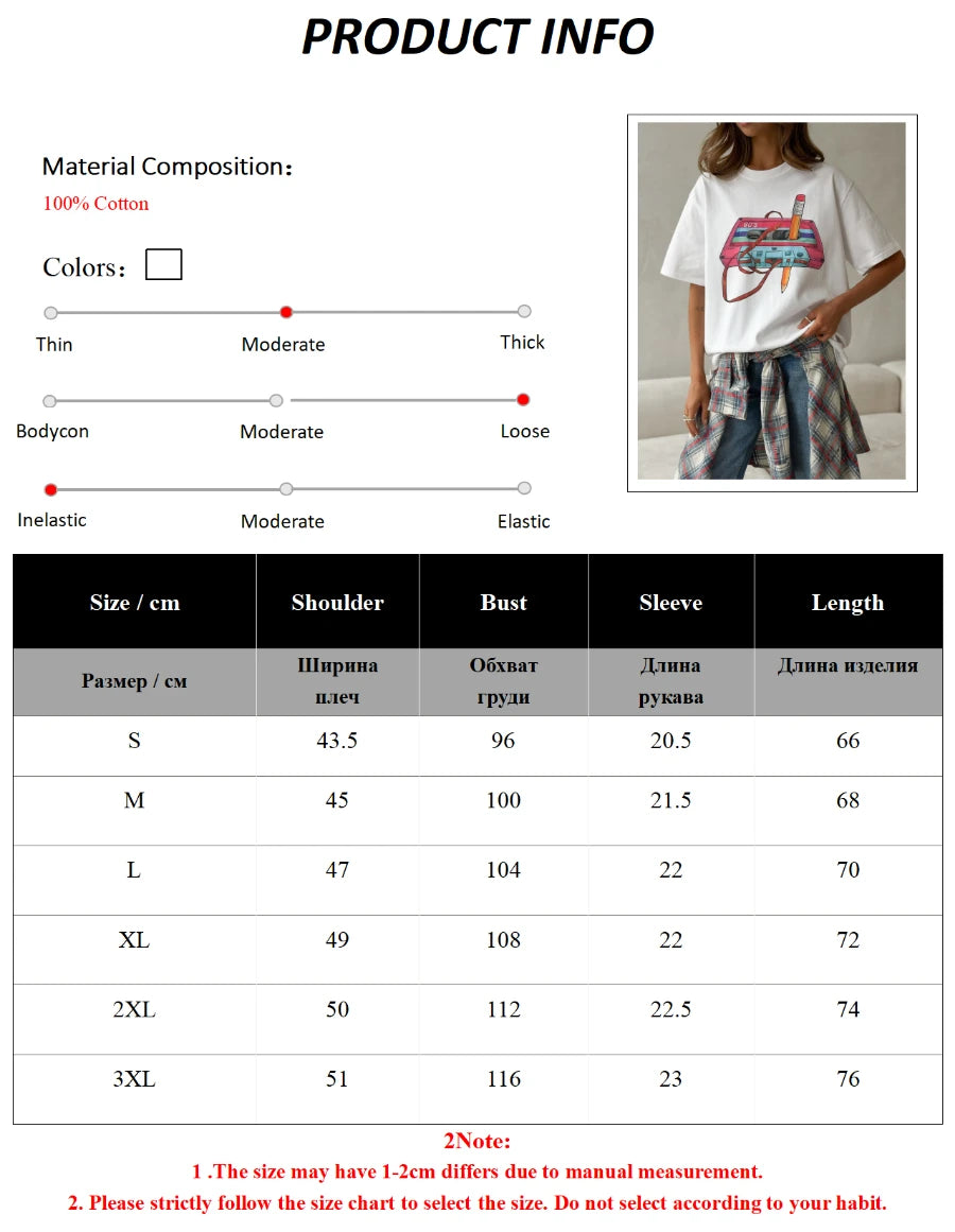 Cotton Womens Vintage Printed T-Shirt - Casual Hip Hop Short Sleeve Top - ZOOMNSTORE