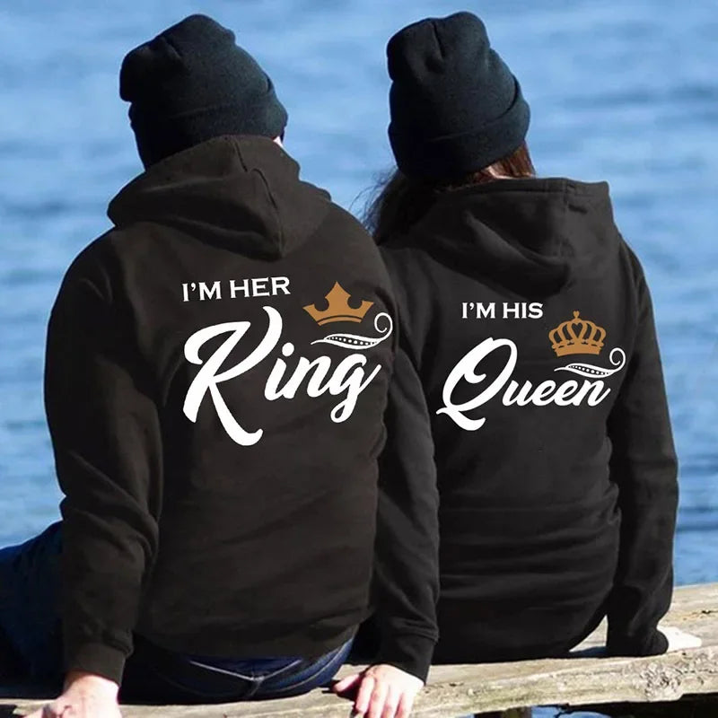 Couple Hoodies - Printing Her King His Queen Sweatshirts Casual Harajuku Fashion - ZOOMNSTORE