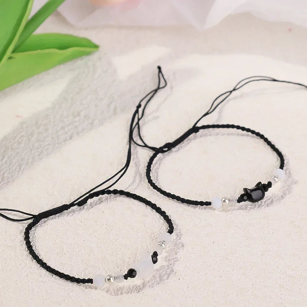 Couples Minimalist Bracelets - 2pcs Natural Moonstone Obsidian Cat Jewelry Gifts - ZOOMNSTORE