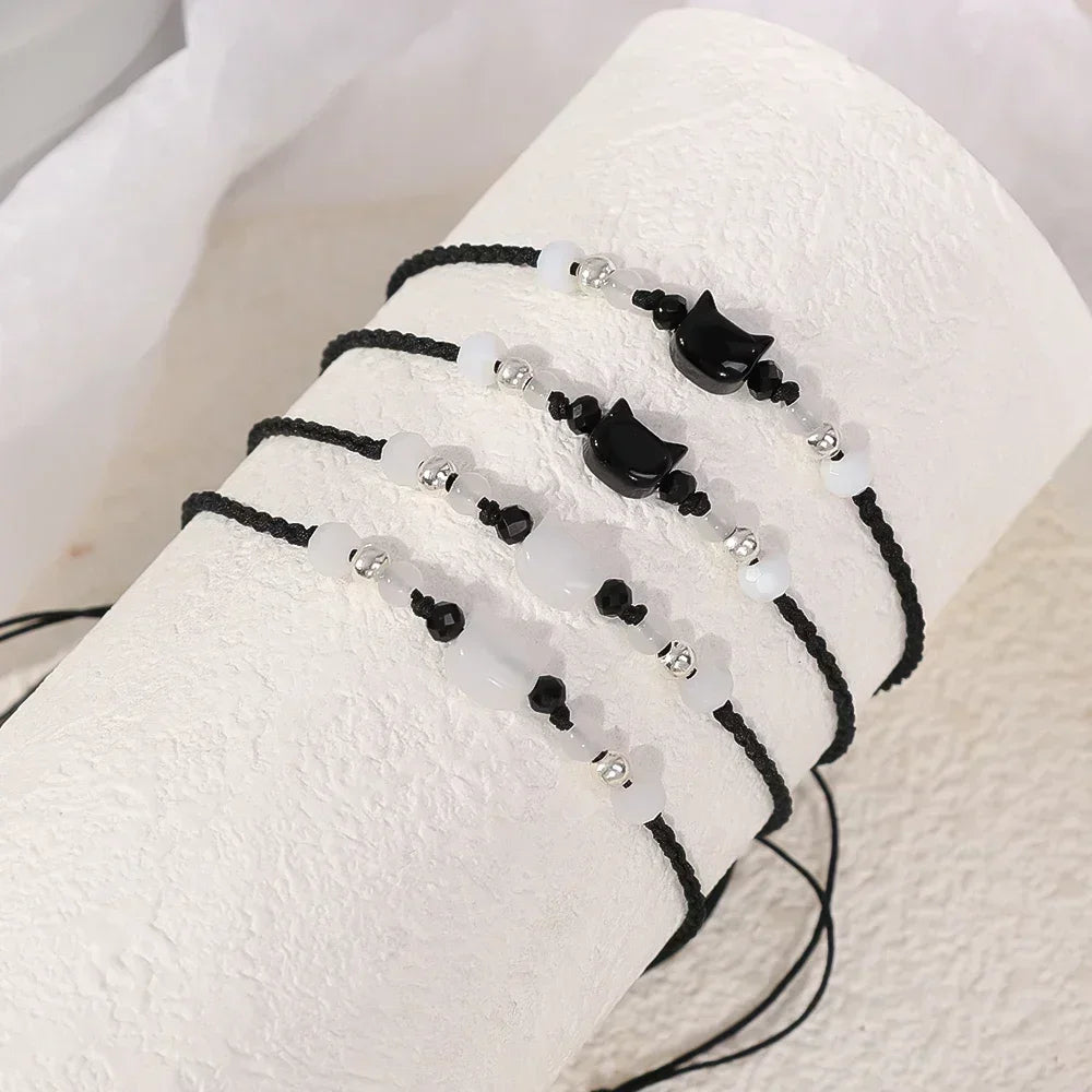 Couples Minimalist Bracelets - 2pcs Natural Moonstone Obsidian Cat Jewelry Gifts - ZOOMNSTORE