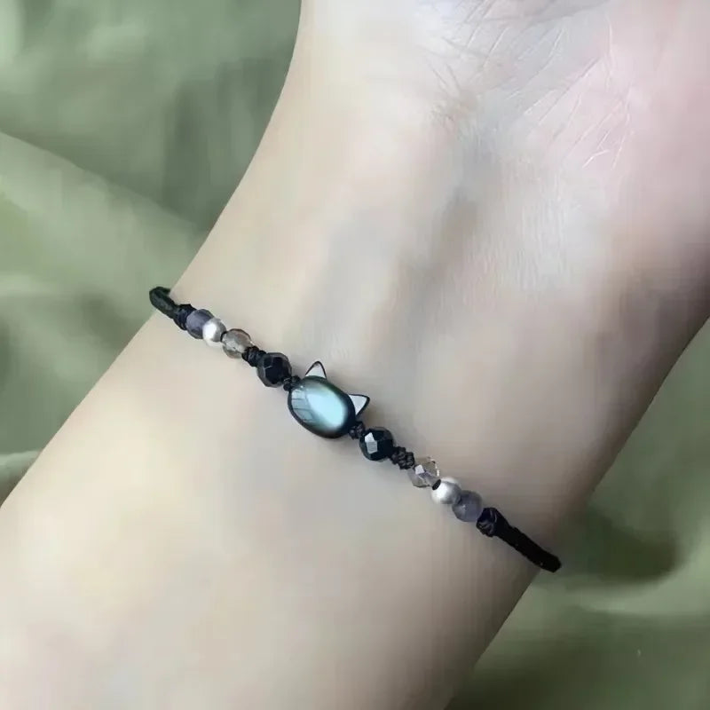 Couples Minimalist Moonstone Obsidian Bracelets - Handmade Cat Jewelry Gifts - ZOOMNSTORE