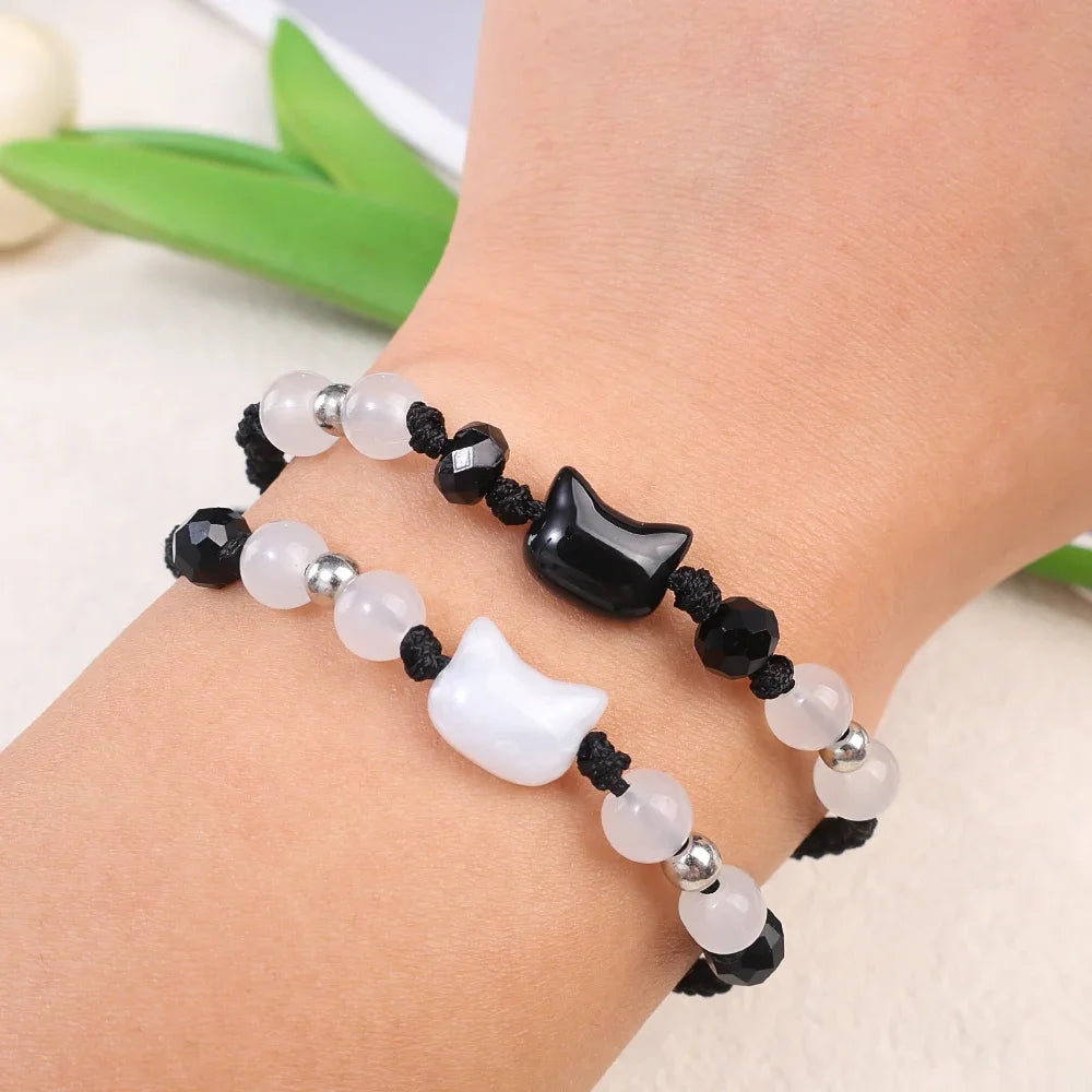 Couples Minimalist Moonstone Obsidian Bracelets - Handmade Cat Jewelry Gifts - ZOOMNSTORE