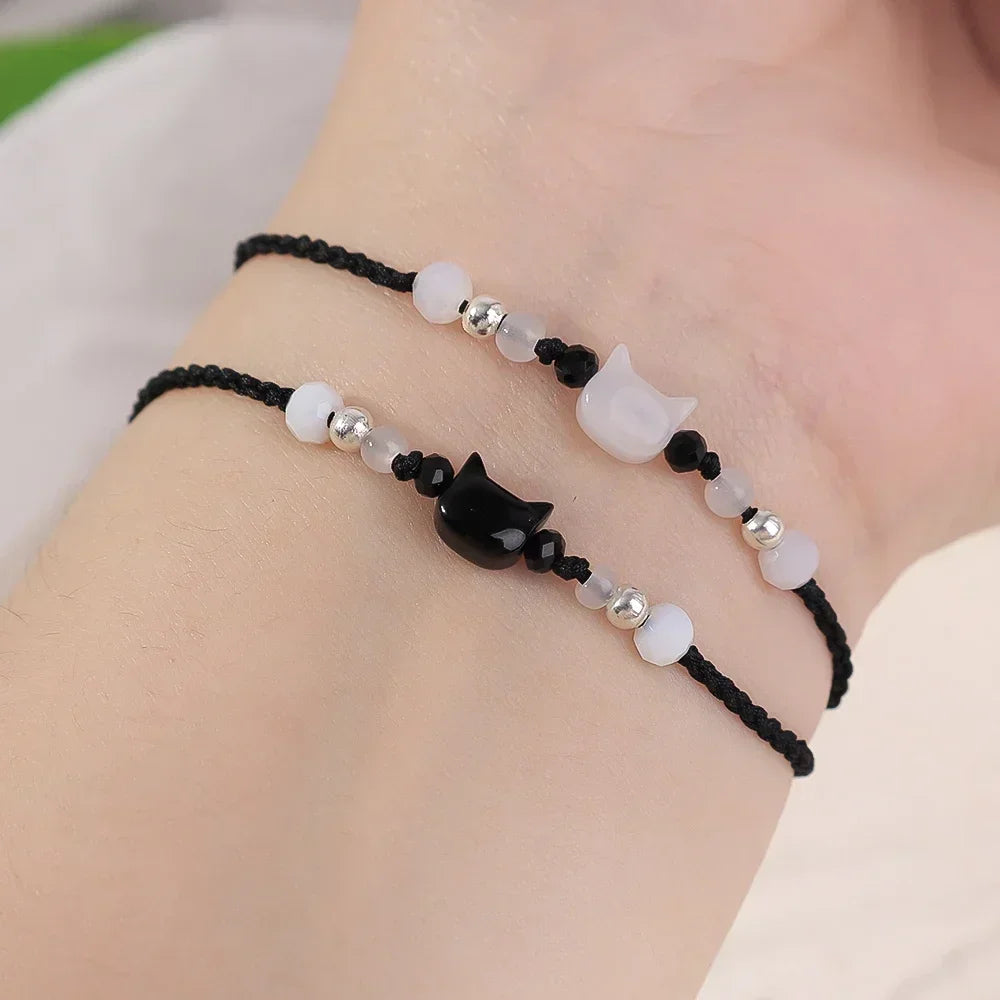 Couples Minimalist Moonstone Obsidian Bracelets - Handmade Cat Jewelry Gifts - ZOOMNSTORE