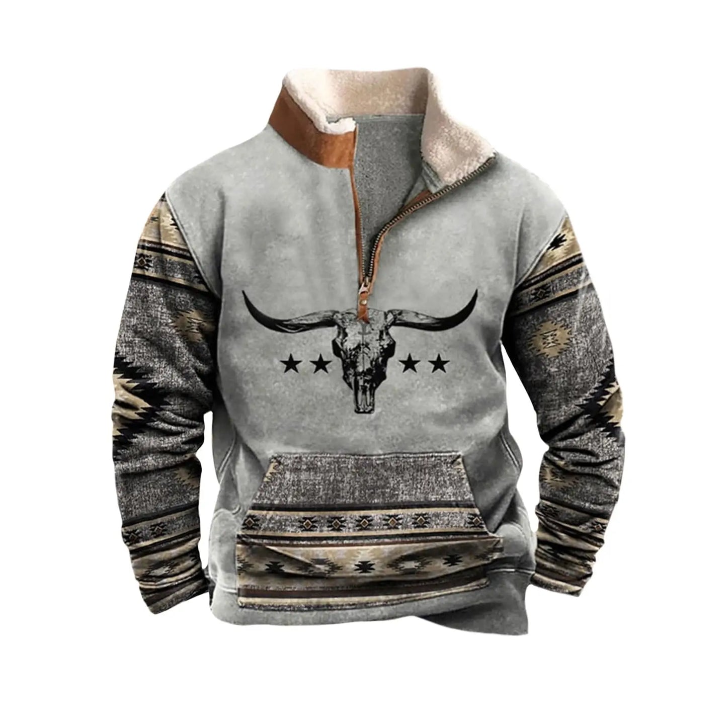 Cowboy Sweatshirt - Western Aztec Vintage Print Mens Fleece Pullover 1/4 Zip - ZOOMNSTORE