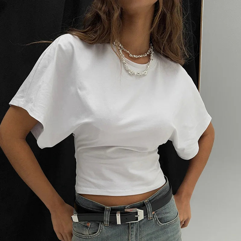 Cropped Gray T-Shirt - Casual O-neck Corset Top for Women - ZOOMNSTORE