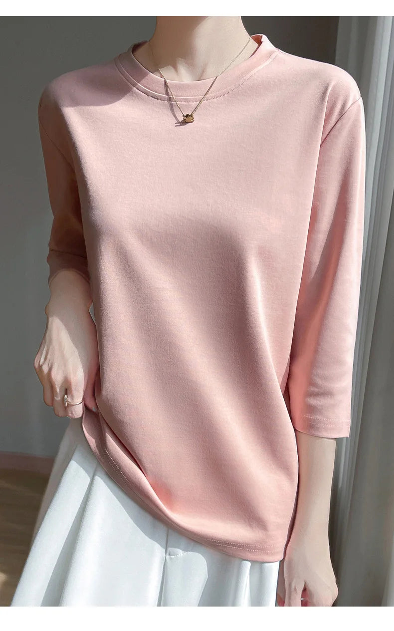 Cropped Mercerized Cotton T-Shirt - 100 Cotton Short Sleeve for Spring Summer 2023 - ZOOMNSTORE