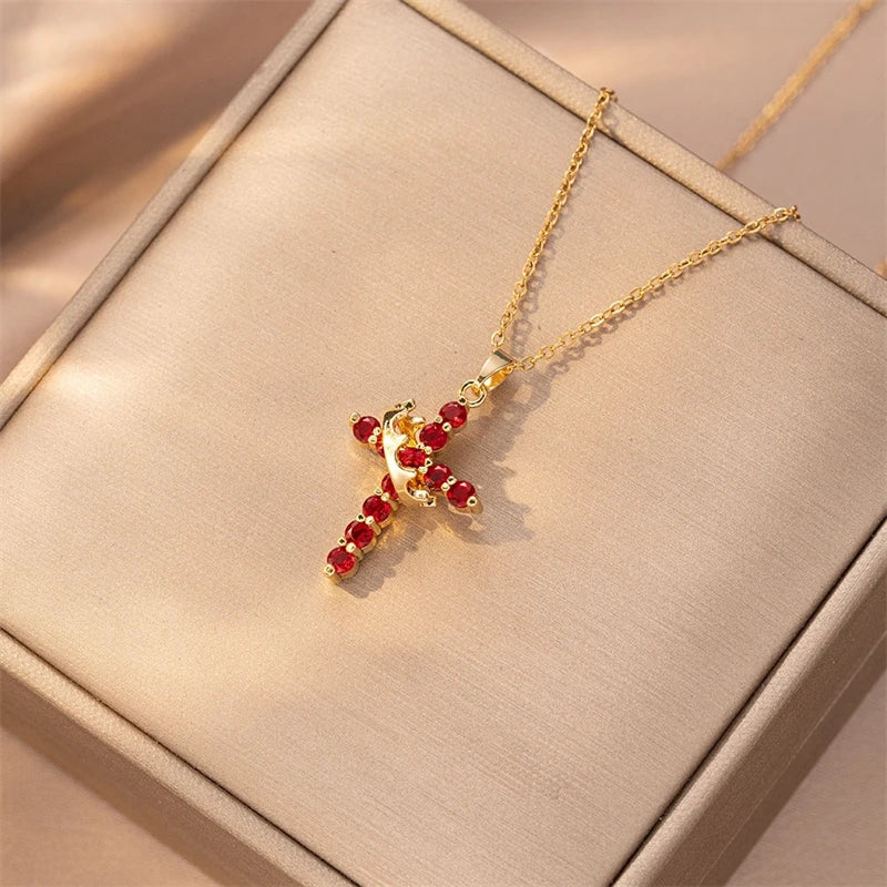Rotatable Crown Rhinestone Cross Choker Necklace Earrings Rings for Women Minimalist Cross Chain Christian Jewelry Prayer Gift - ZOOMNSTORE