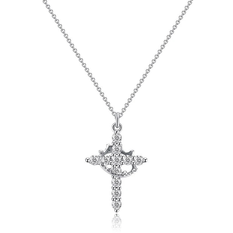 Rotatable Crown Rhinestone Cross Choker Necklace Earrings Rings for Women Minimalist Cross Chain Christian Jewelry Prayer Gift - ZOOMNSTORE