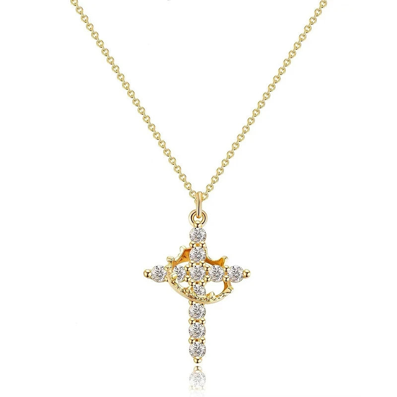 Rotatable Crown Rhinestone Cross Choker Necklace Earrings Rings for Women Minimalist Cross Chain Christian Jewelry Prayer Gift - ZOOMNSTORE