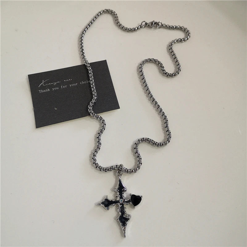 Punk Rock Heart Cross Necklace - Vintage 90s Hip Hop Grunge Accessories for Men Women - ZOOMNSTORE