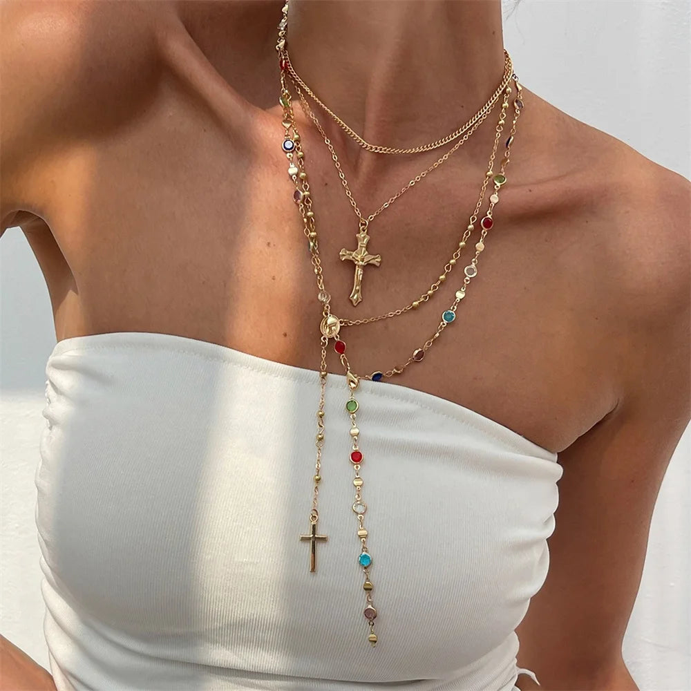 3Pcs Unique Cross Pendant Necklace Set for Women Simple Crystal Necklace Sweater Chain Long Y-shaped Necklace Y2K Party Jewelry - ZOOMNSTORE