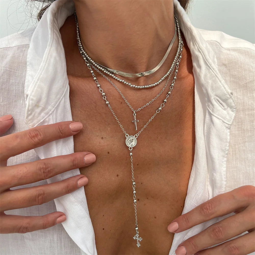 3Pcs Unique Cross Pendant Necklace Set for Women Simple Crystal Necklace Sweater Chain Long Y-shaped Necklace Y2K Party Jewelry - ZOOMNSTORE