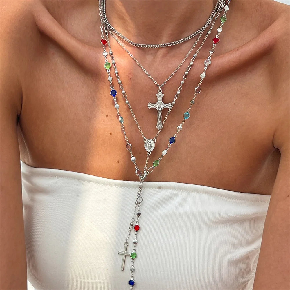 3Pcs Unique Cross Pendant Necklace Set for Women Simple Crystal Necklace Sweater Chain Long Y-shaped Necklace Y2K Party Jewelry - ZOOMNSTORE