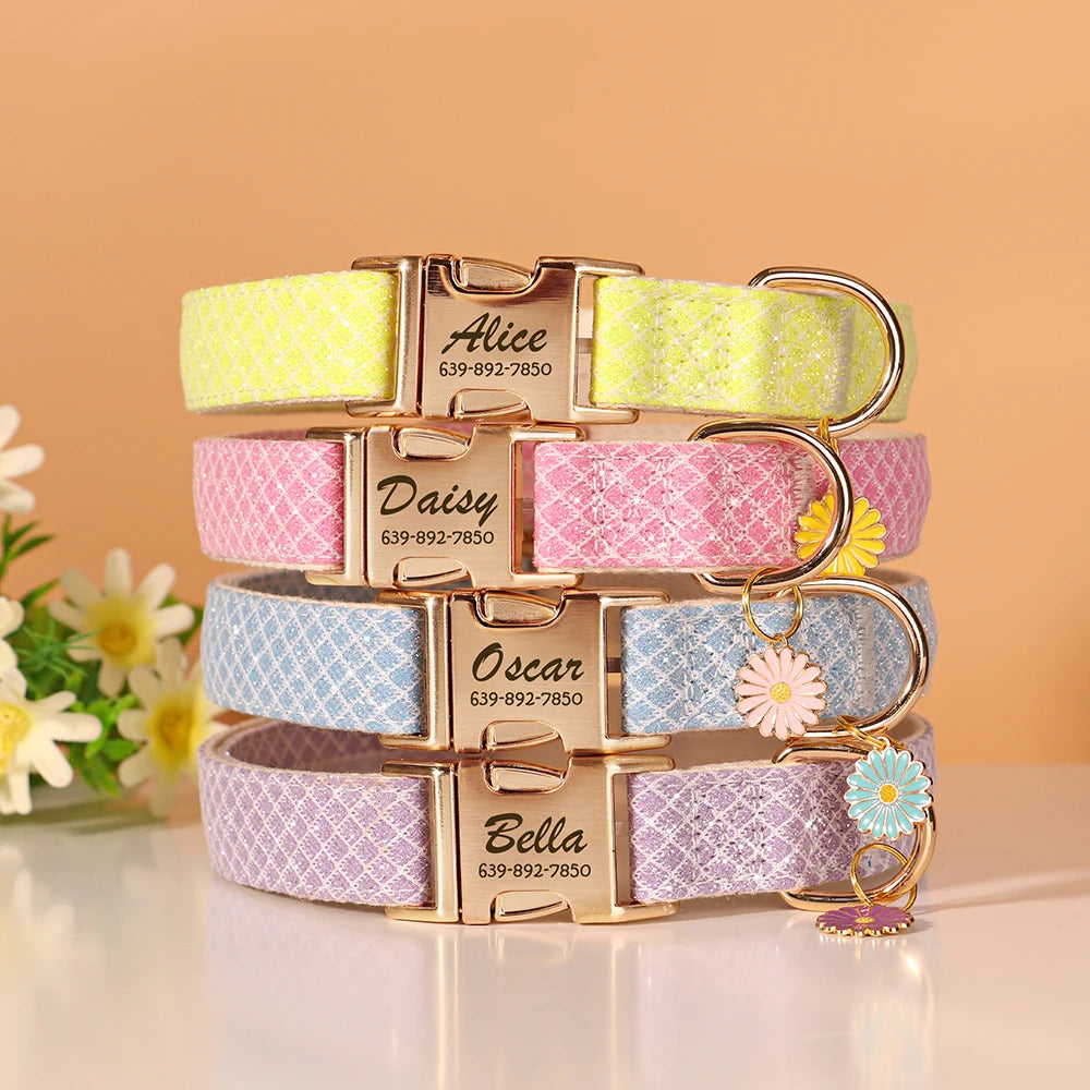 Custom Engraved Dog Collar - Bling Nylon Collar with Flower Tag for Small Medium Dogs and Cats - ZOOMNSTORE