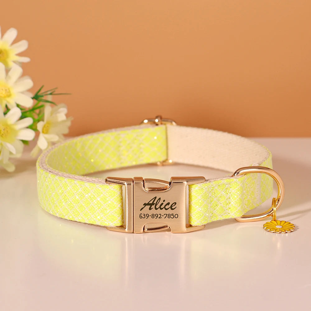 Custom Engraved Dog Collar - Bling Nylon Collar with Flower Tag for Small Medium Dogs and Cats - ZOOMNSTORE