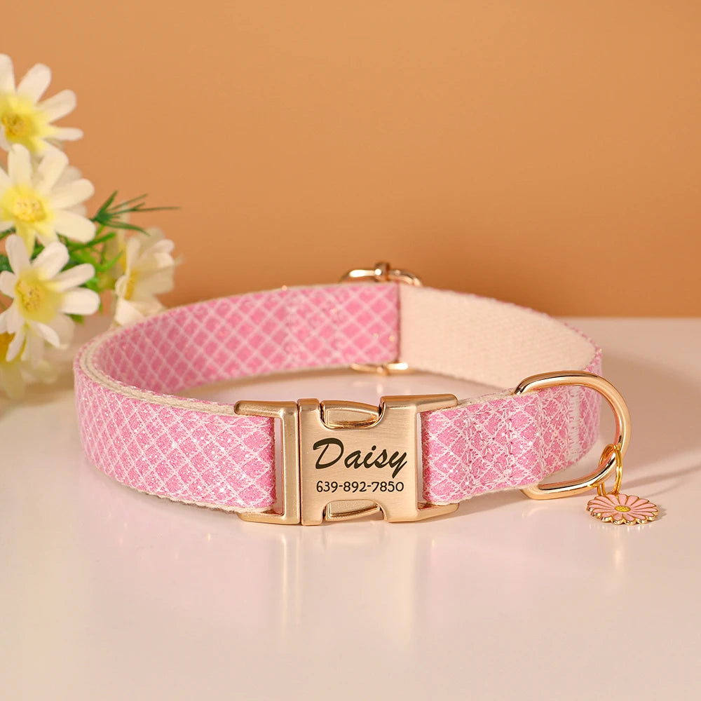 Custom Engraved Dog Collar - Bling Nylon Collar with Flower Tag for Small Medium Dogs and Cats - ZOOMNSTORE