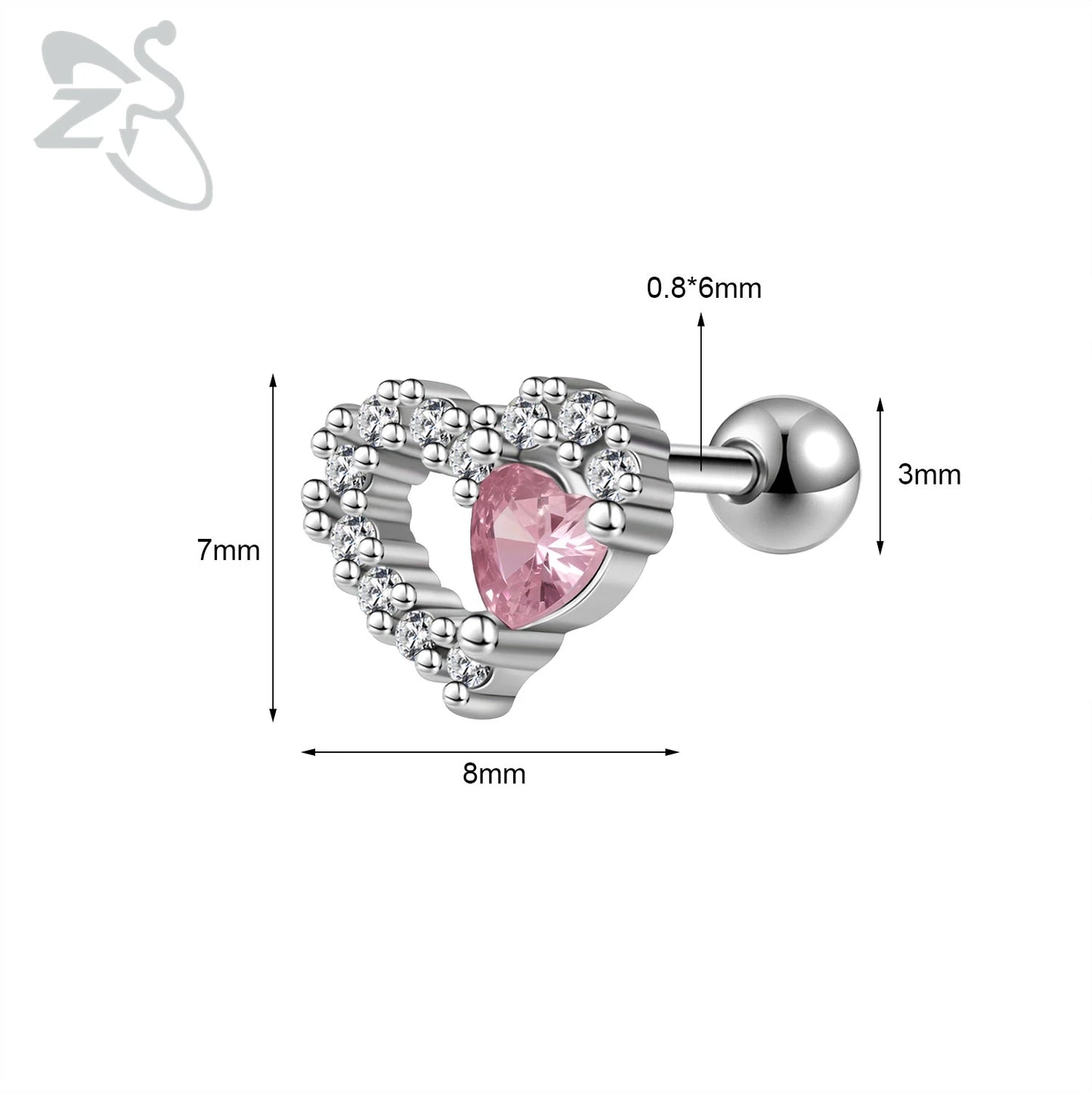 Cute Heart Stud Earrings - 20G Pink CZ Crystal Jewelry for Kids Women - ZOOMNSTORE