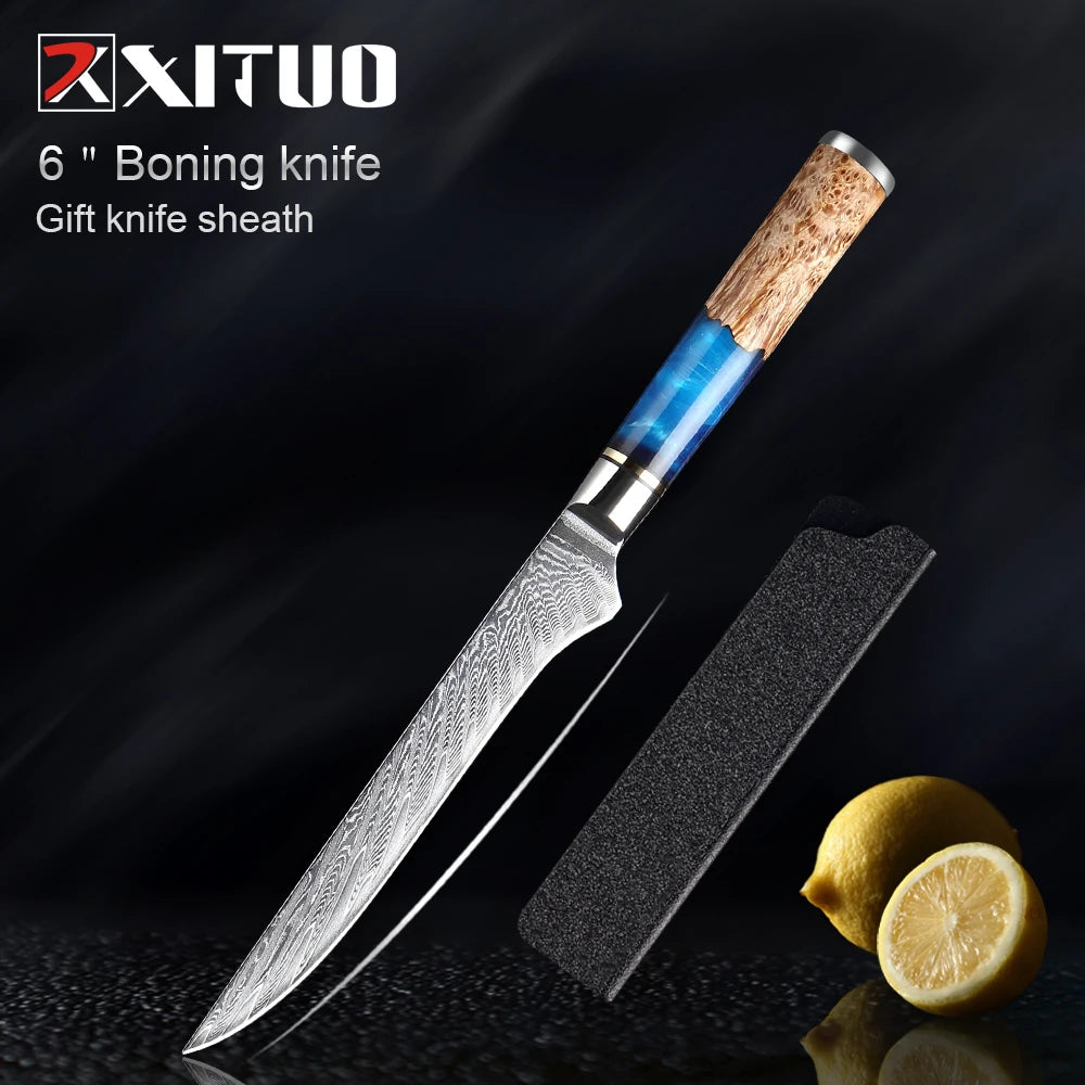 Damascus Steel Chefs Knife - Sharp Clad Steel Kitchen Knife with Blue Resin Handle Custom Logo Gift Box - ZOOMNSTORE