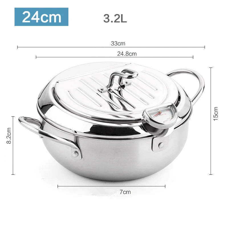 Japanese Deep Frying Pot - 304 Stainless Steel Tempura Fryer with Thermometer Lid 20-24 cm - ZOOMNSTORE