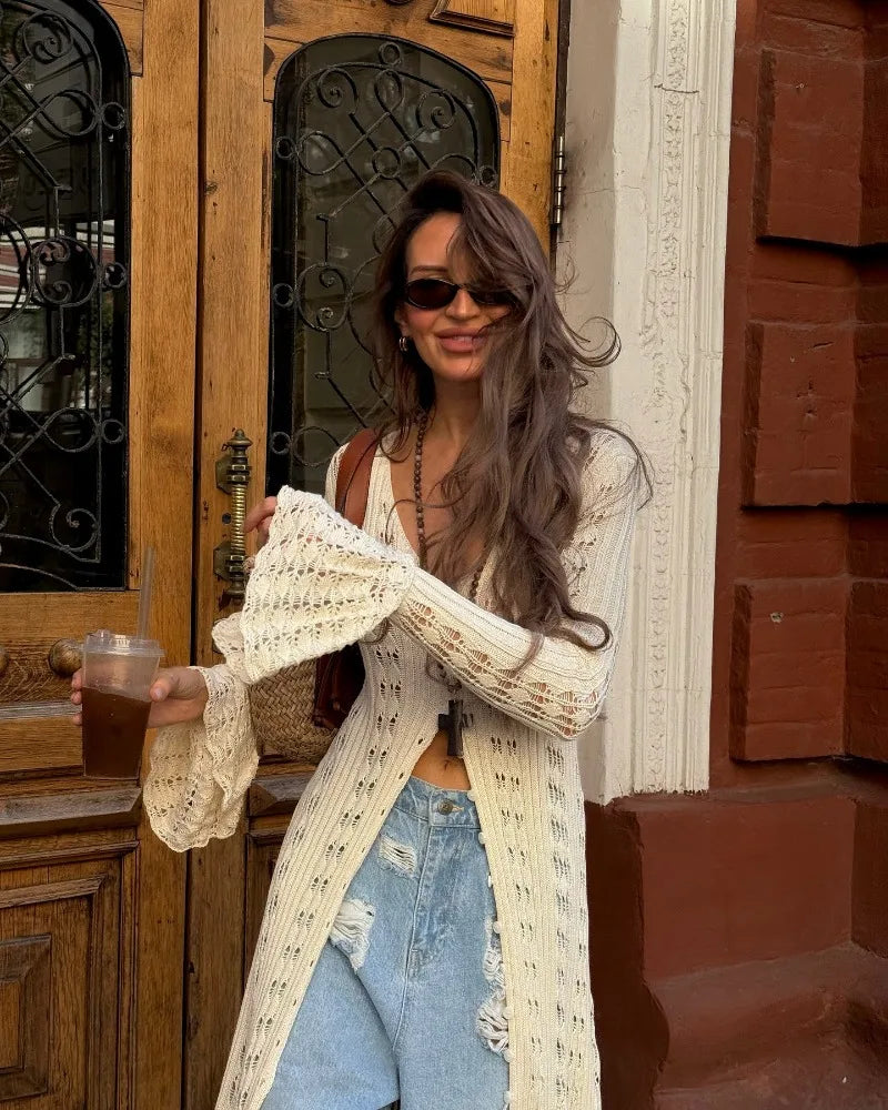Deep V Neck Long Cardigan Dress - Elegant Hollow Knit Cover Up for Women - ZOOMNSTORE