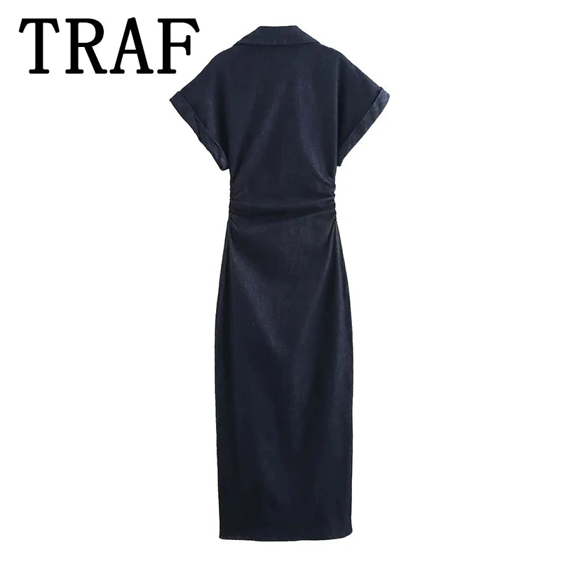 Denim Midi Dress - Womens Casual Ruched Short Sleeve Spring Summer Fashion 2025 - ZOOMNSTORE