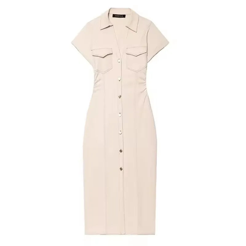 Denim Midi Dress - Womens Casual Ruched Short Sleeve Spring Summer Fashion 2025 - ZOOMNSTORE