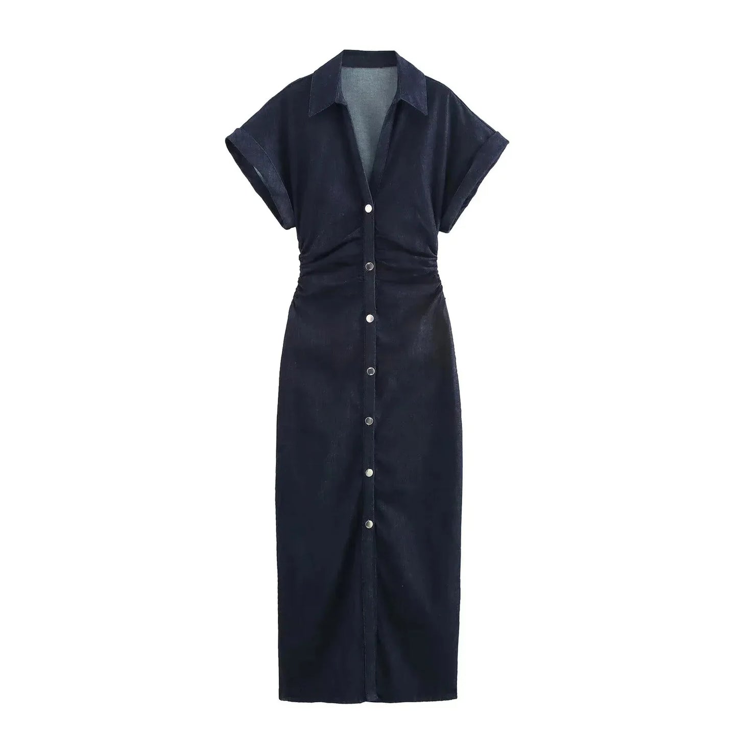 Denim Midi Dress - Womens Casual Ruched Short Sleeve Spring Summer Fashion 2025 - ZOOMNSTORE
