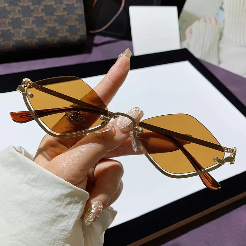 Diamond Shaped Half Frame Sunglasses - Metal Trendy Outdoor Eyewear for Men and Women - ZOOMNSTORE
