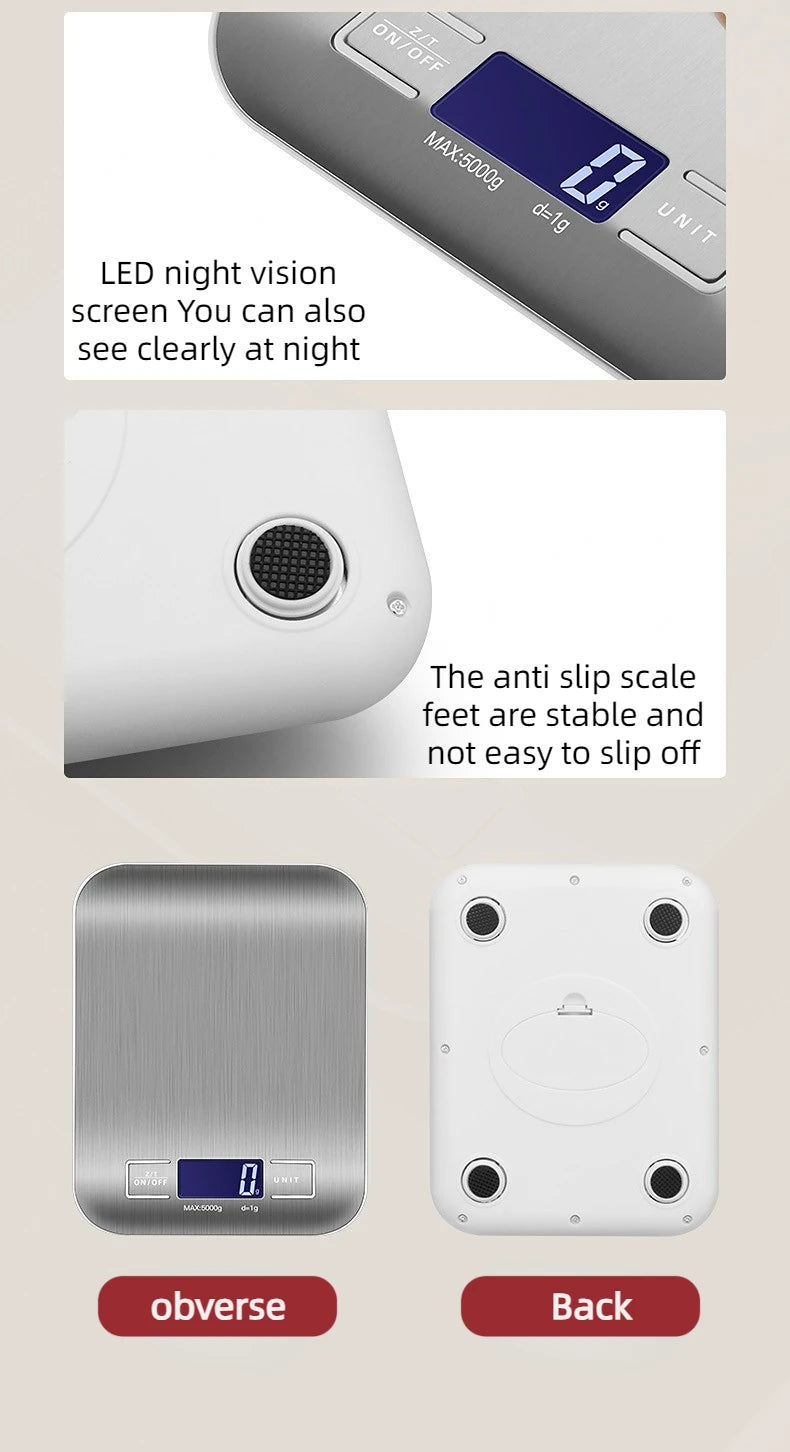 Digital Kitchen Scale - 5kg 1g High Precision Stainless Steel Food Scale LCD Display - ZOOMNSTORE