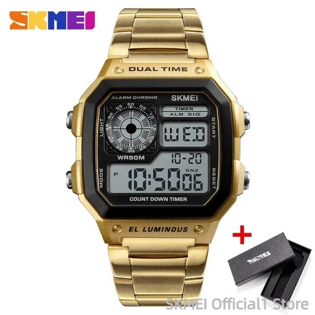SKMEI 1335 Mens Digital Sports Watch - Retro Waterproof Stainless Steel Chrono Wristwatch - ZOOMNSTORE