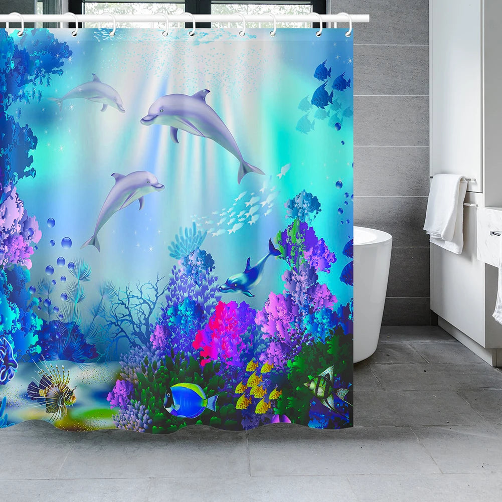 Dolphin Shower Curtain - Blue Underwater Ocean Theme Kids Bathroom Decor with Hooks - ZOOMNSTORE