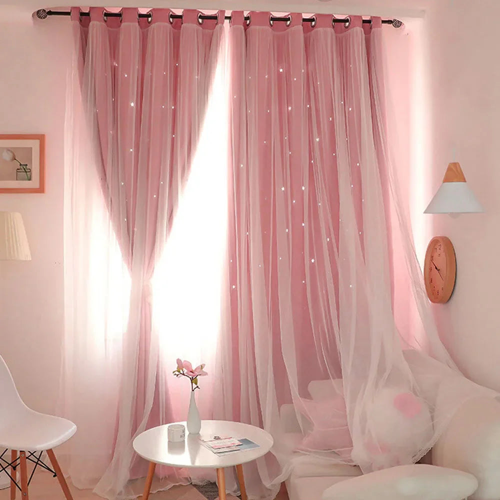 Double Layer Sheer Kids Curtains - Romantic Star Design Drapes for Living Room Bedroom - ZOOMNSTORE