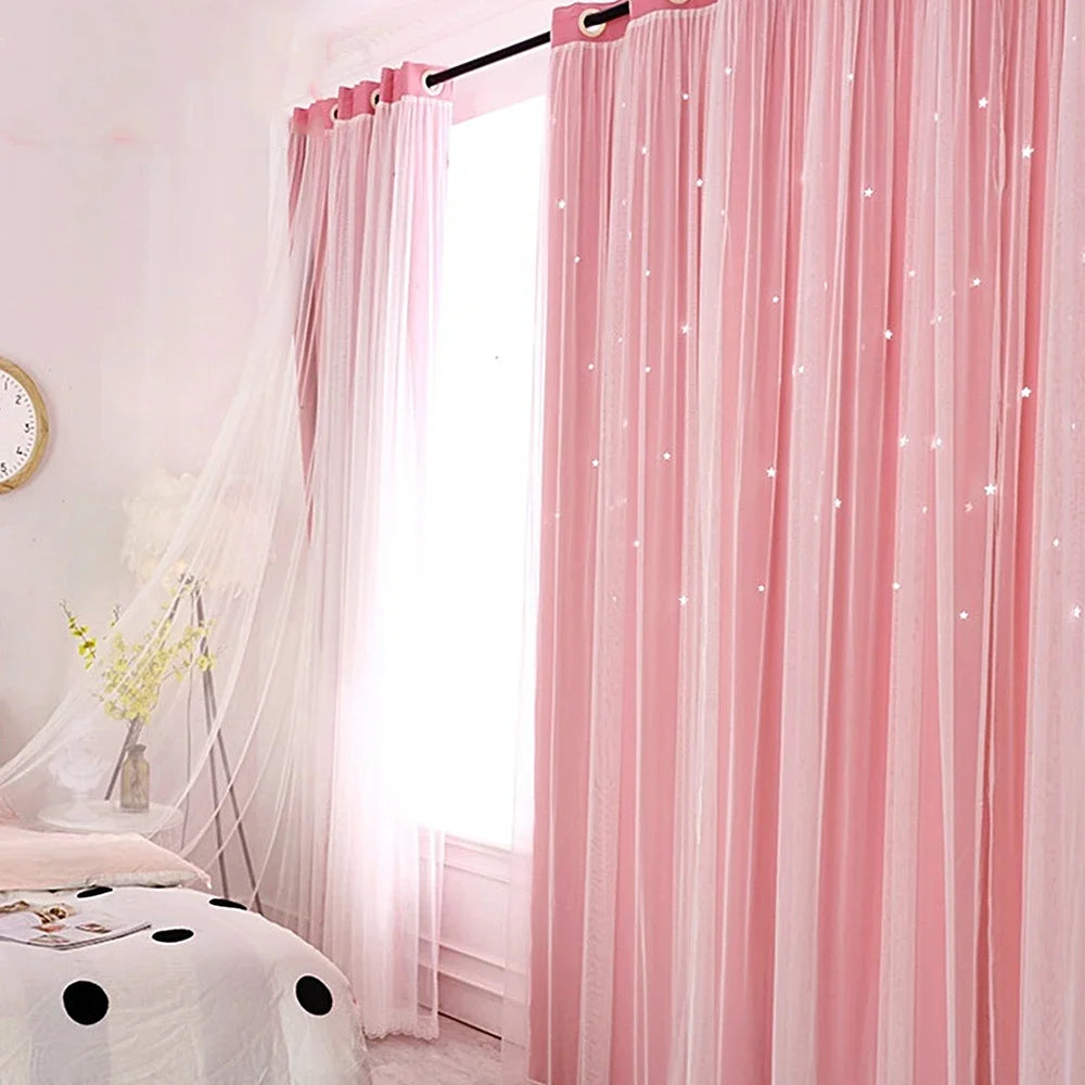 Double Layer Sheer Kids Curtains - Romantic Star Design Drapes for Living Room Bedroom - ZOOMNSTORE