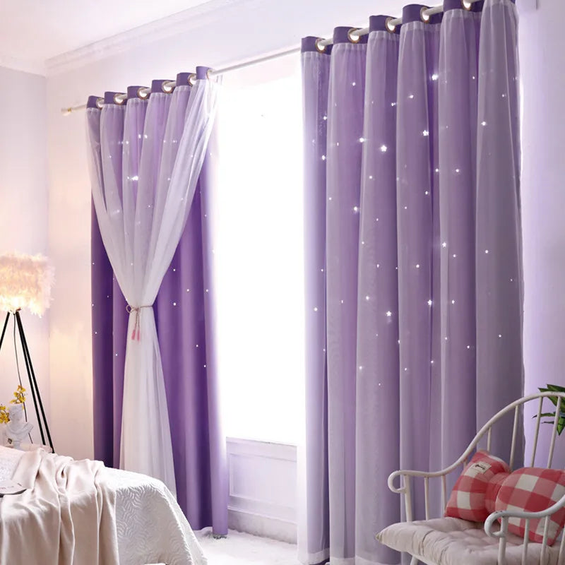 Double Layer Sheer Kids Curtains - Romantic Star Design Drapes for Living Room Bedroom - ZOOMNSTORE