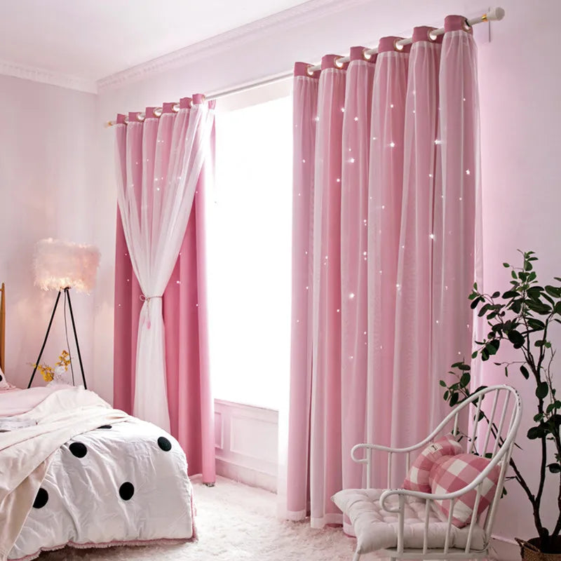 Double Layer Sheer Kids Curtains - Romantic Star Design Drapes for Living Room Bedroom - ZOOMNSTORE